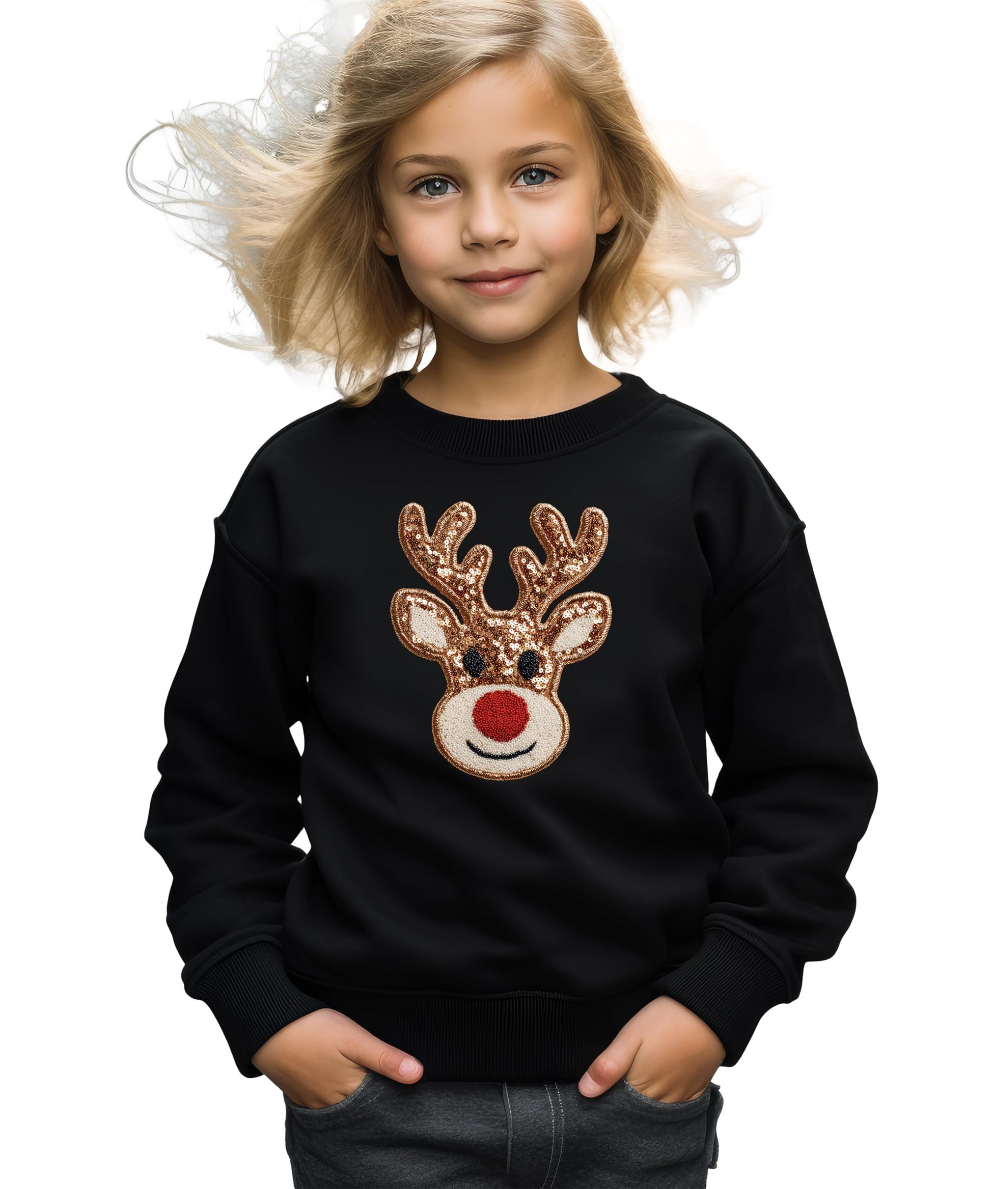 Close-up of vibrant ink-printed reindeer design on black Christmas sweatshirt