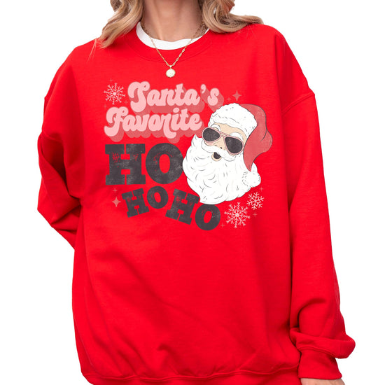Close-up of retro Santa sunglasses Ho Ho Ho graphic on gray women's holiday sweatshirt