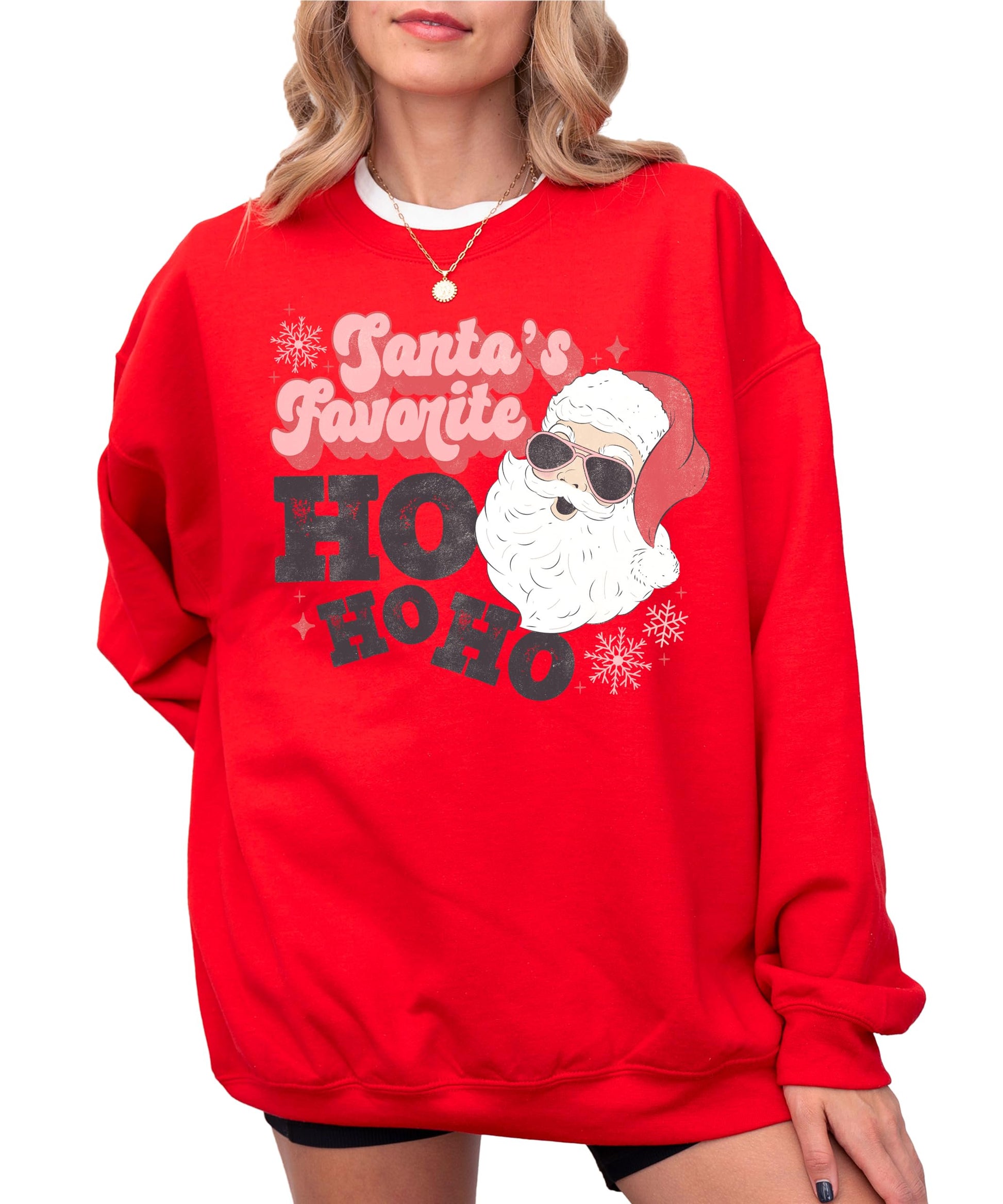 Close-up of retro Santa sunglasses Ho Ho Ho graphic on gray women's holiday sweatshirt