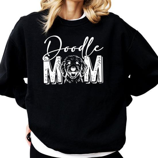 Gray Doodle Mom crewneck sweatshirt with bold graphic print for Goldendoodle owners