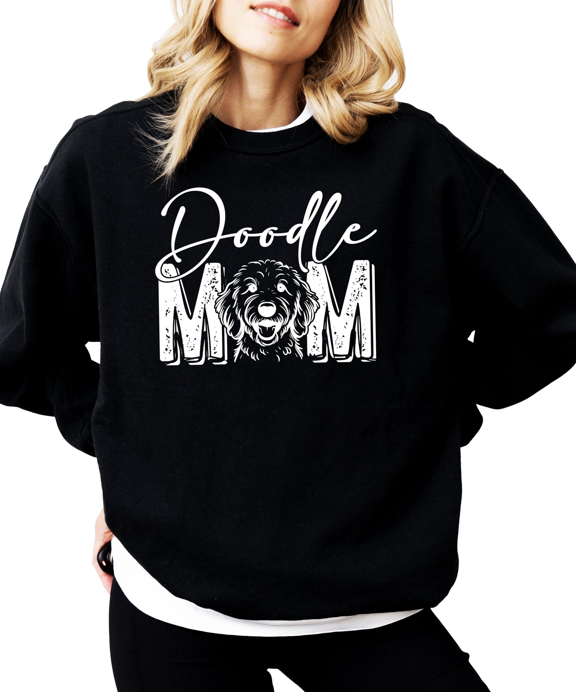 Gray Doodle Mom crewneck sweatshirt with bold graphic print for Goldendoodle owners