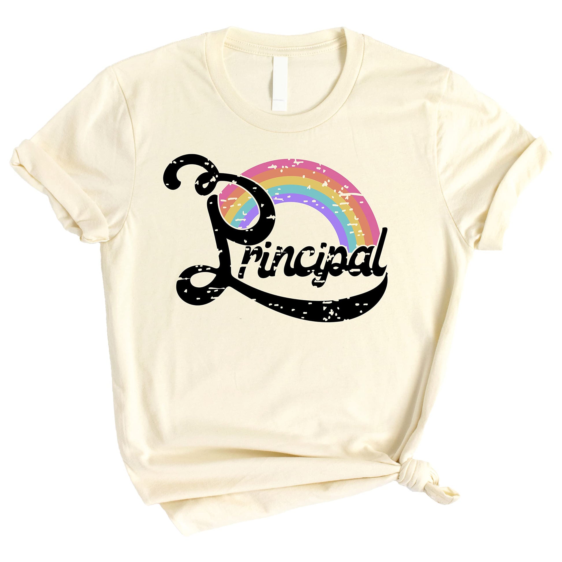 Front view of black principal rainbow shirt with vibrant graphic print for educators