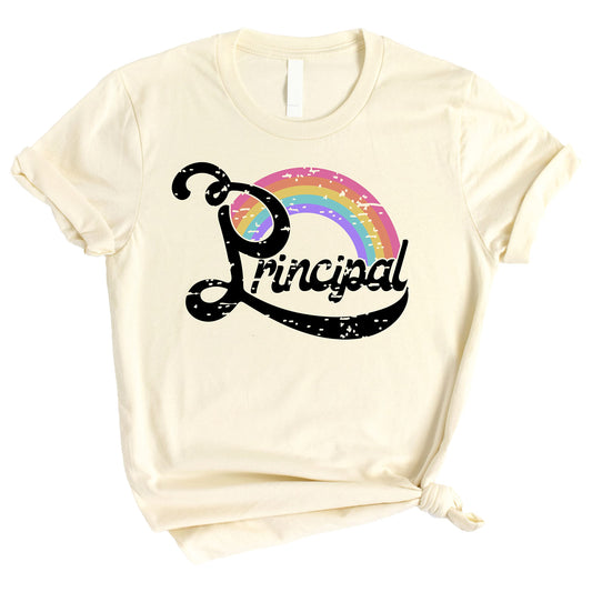 Front view of black principal rainbow shirt with vibrant graphic print for educators