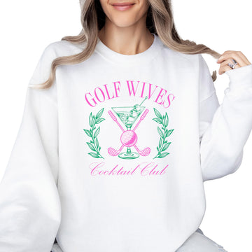 White women's sweatshirt with Golf Wives Cocktail Club graphic print design