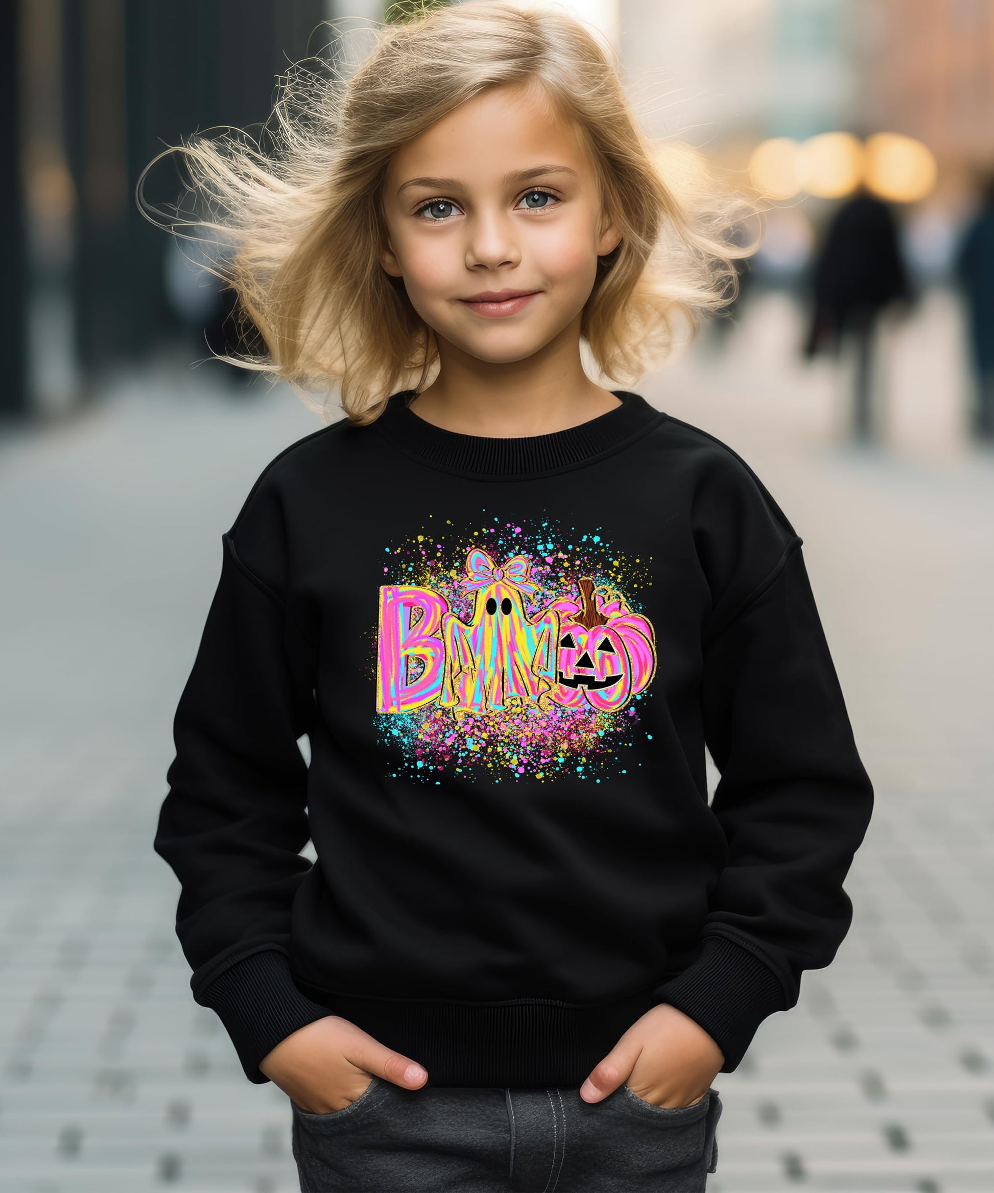Women modeling neon Halloween ghost and pumpkin graphic sweatshirt in cozy pullover style