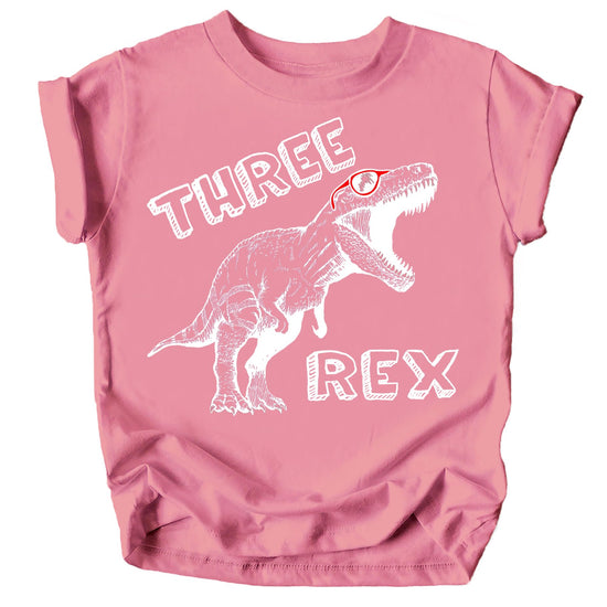 Close-up of Three Rex dinosaur birthday shirt design with playful graphics