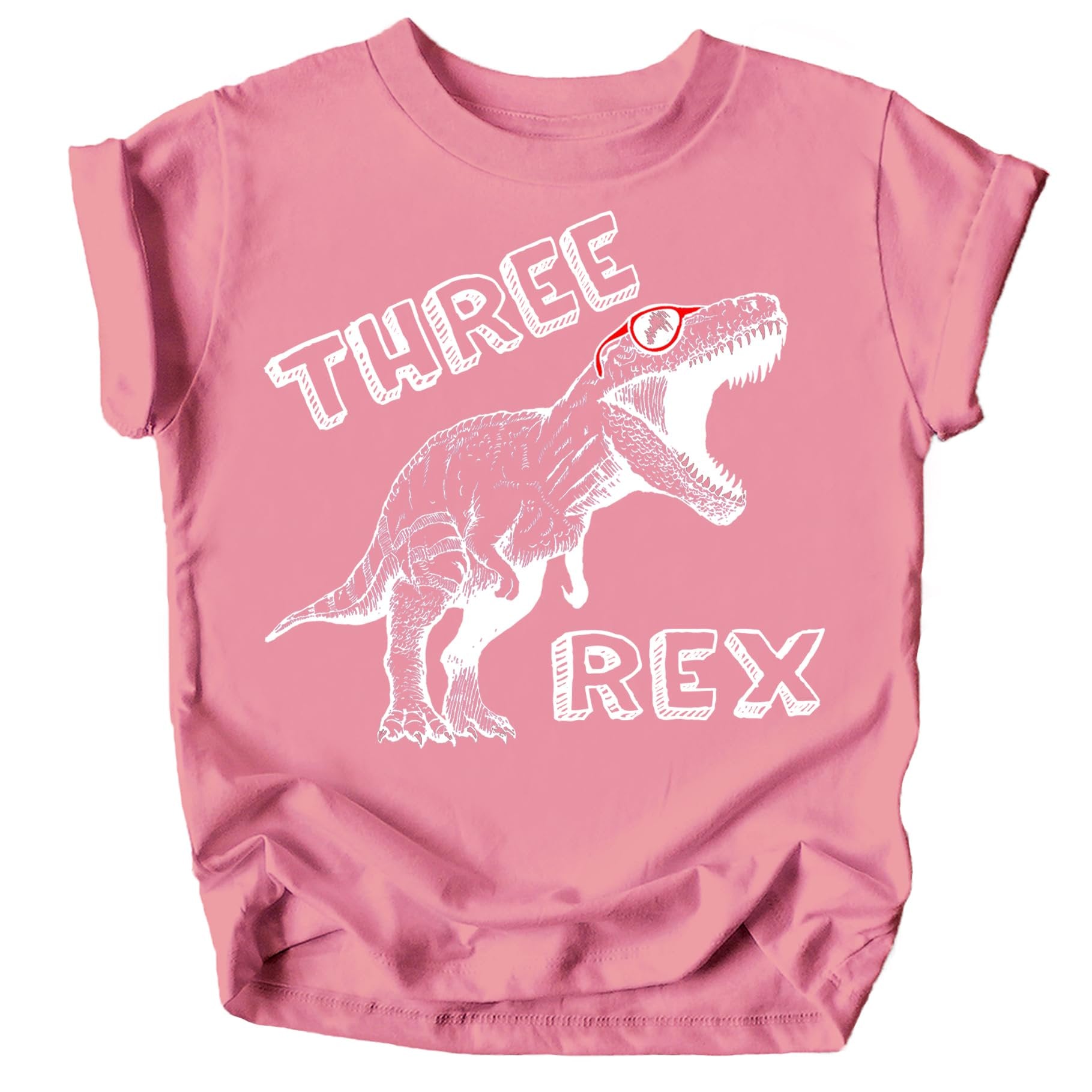 Close-up of Three Rex dinosaur birthday shirt design with playful graphics