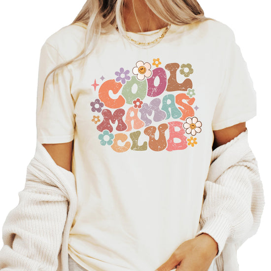Side or back view of Cool Mamas Club groovy flower women's graphic t-shirt in natural color
