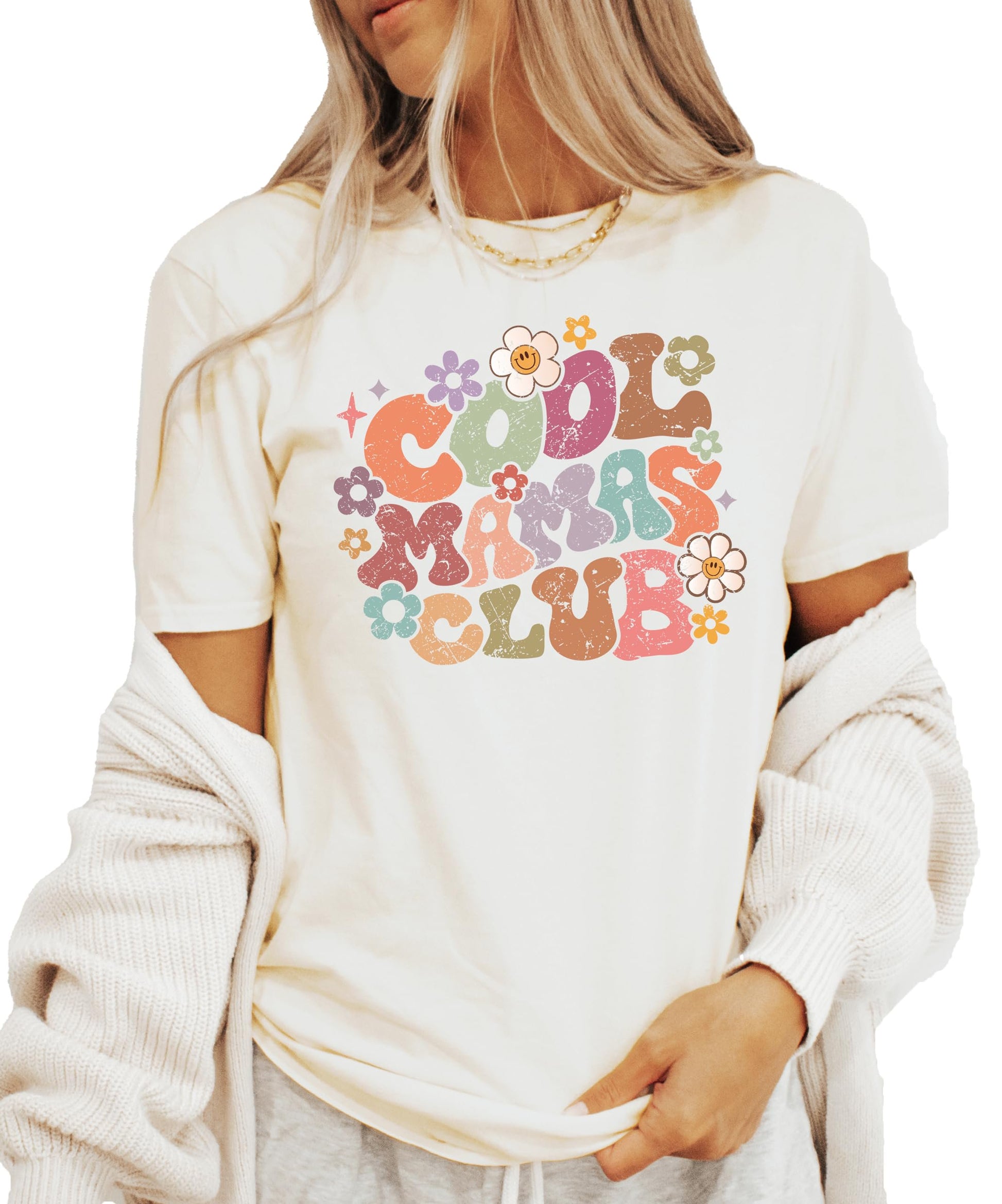 Side or back view of Cool Mamas Club groovy flower women's graphic t-shirt in natural color
