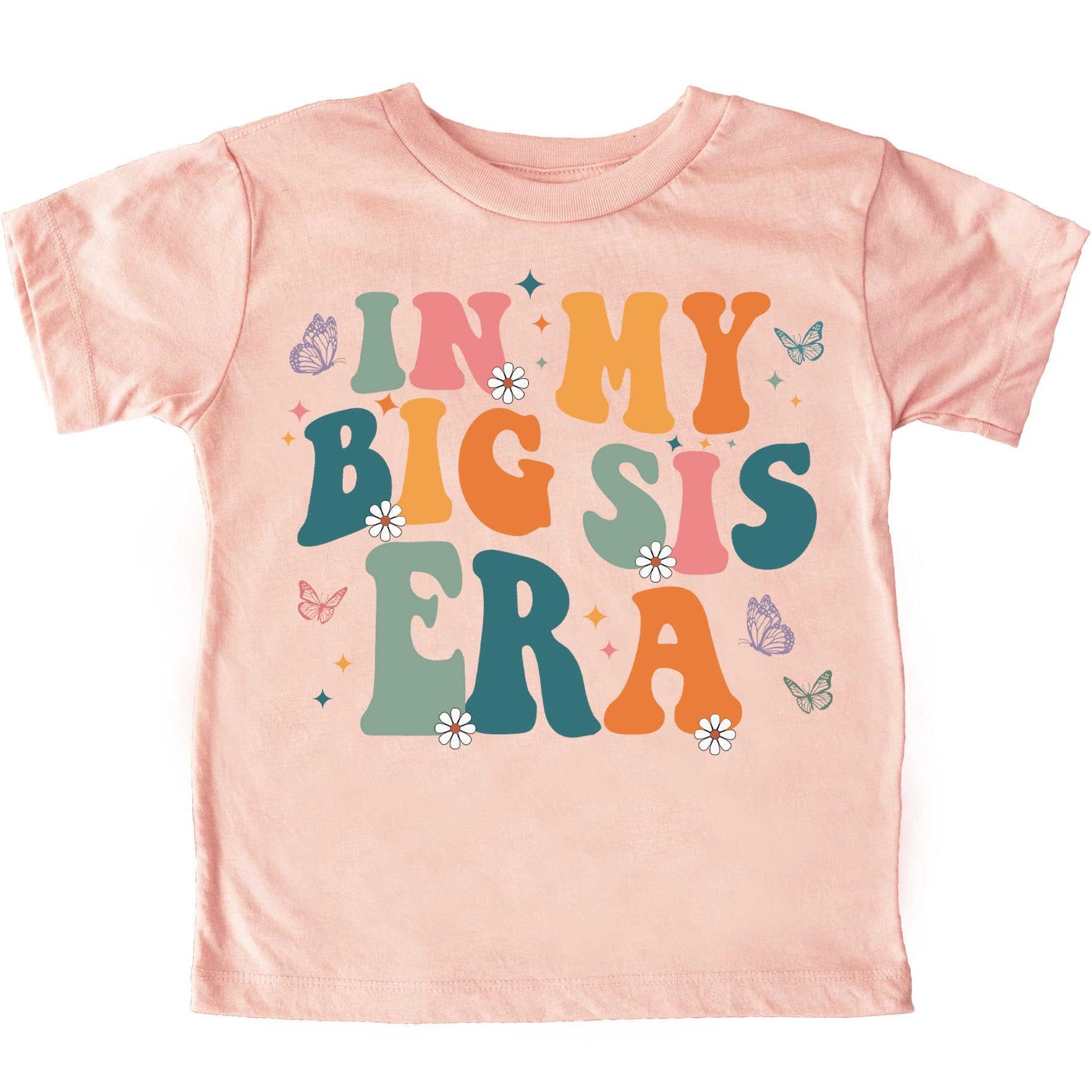 Peach youth tee with groovy wavy font reading In My Big Sis Era and butterfly graphic for girls