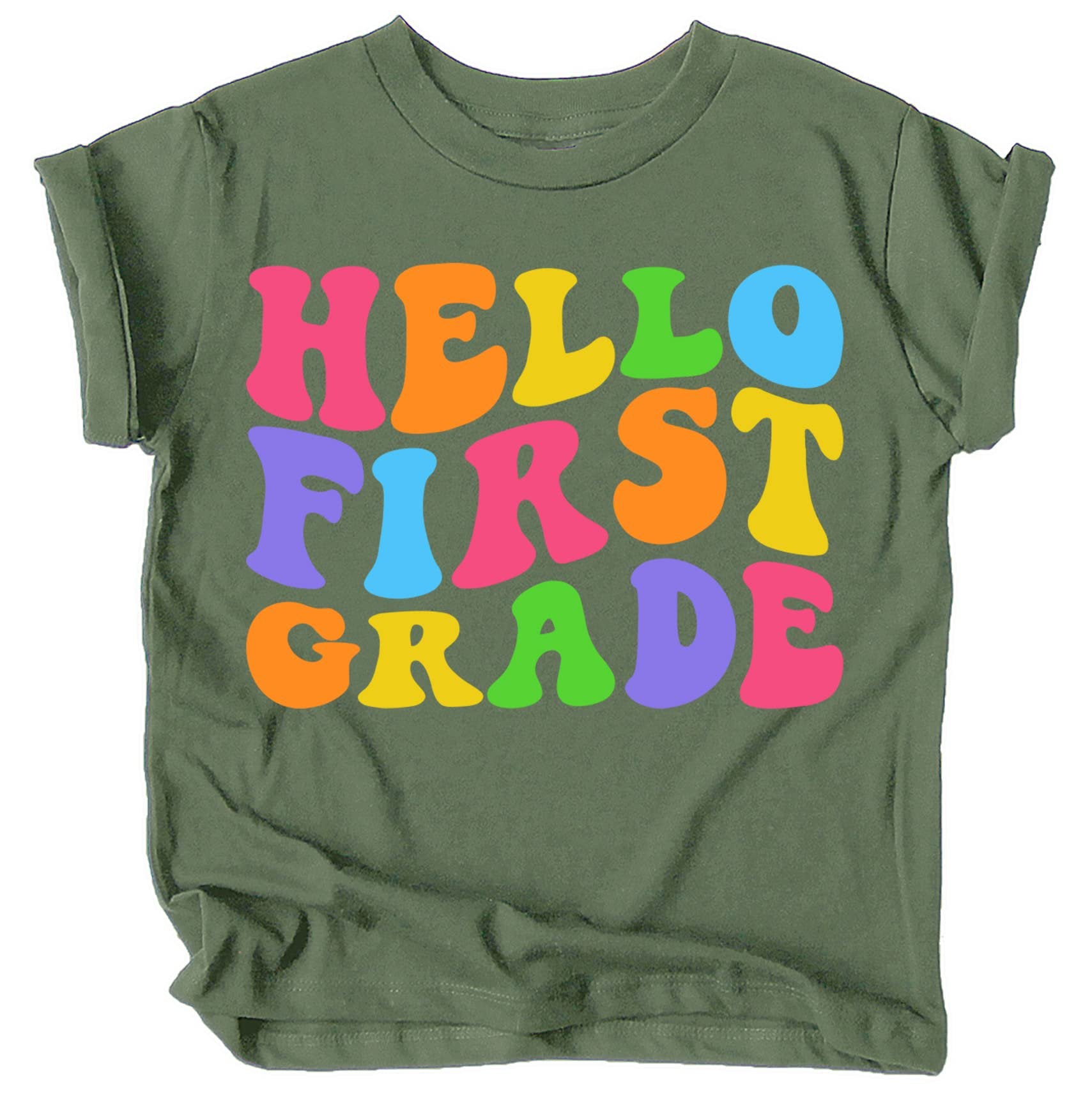 Close-up of vibrant wavy Hello 1st Grade print on purple kids shirt