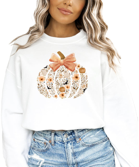 Floral Halloween Pumpkin Sweatshirt for Women, Teens & Kids Ghosts, Flowers and Bow Sweater White Sweatshirt Youth XS