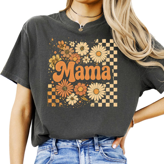 Fall mama shirt with vintage sunflower and checkerboard pattern graphic tee
