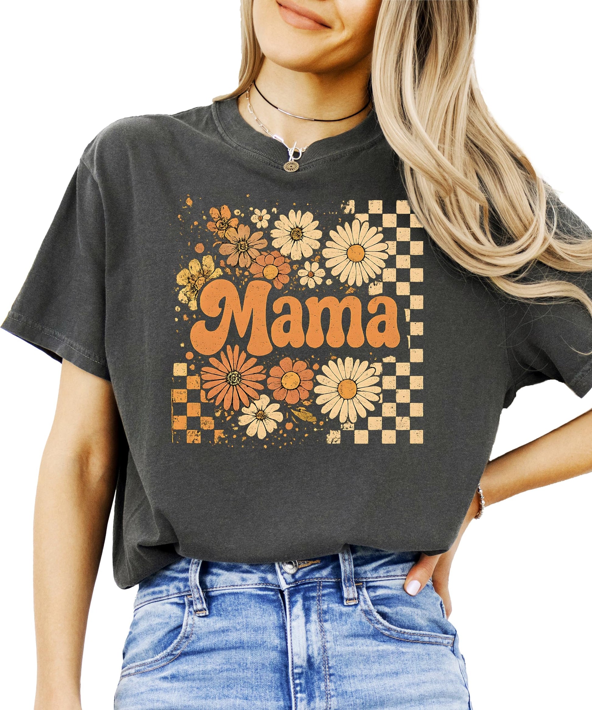 Fall mama shirt with vintage sunflower and checkerboard pattern graphic tee