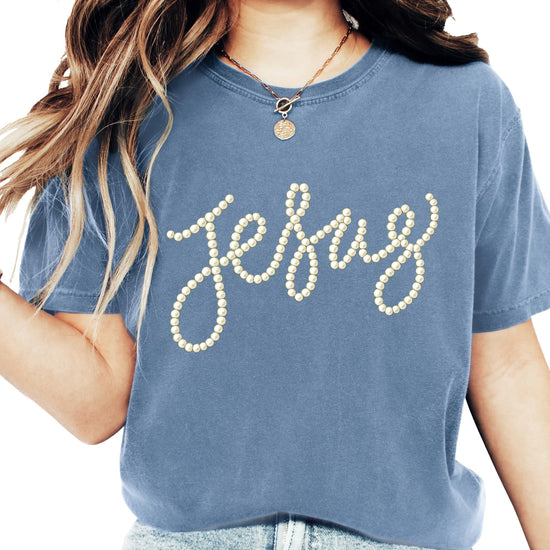 Front view of seafoam Christian faith graphic tee with Jesus script print