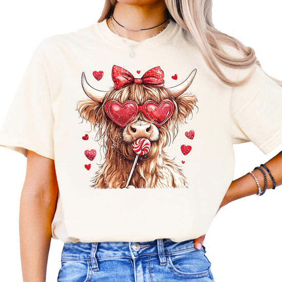 Sweet Highland Cow Valentine's Day shirt in ivory with hearts and candy graphic design