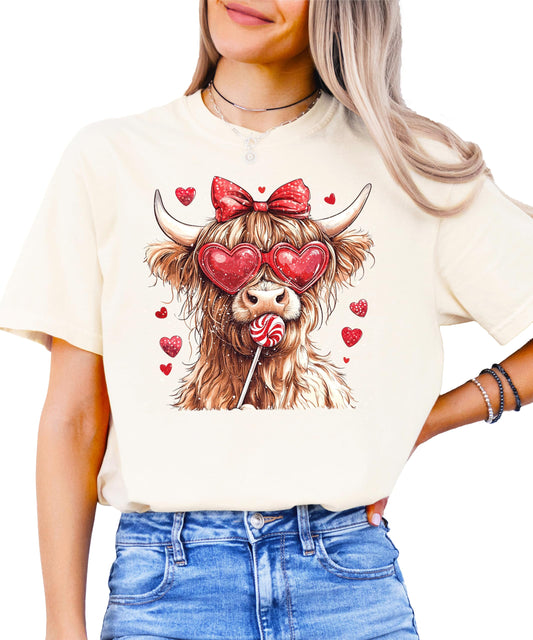 Sweet Highland Cow Valentine's Day shirt in ivory with hearts and candy graphic design