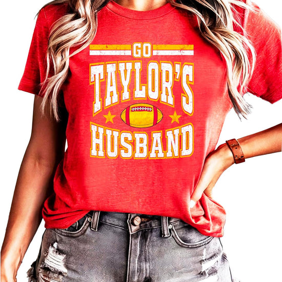Vintage red Go Taylor's Husband graphic tee for women, bold front print, game day football shirt by Olive Loves Apple