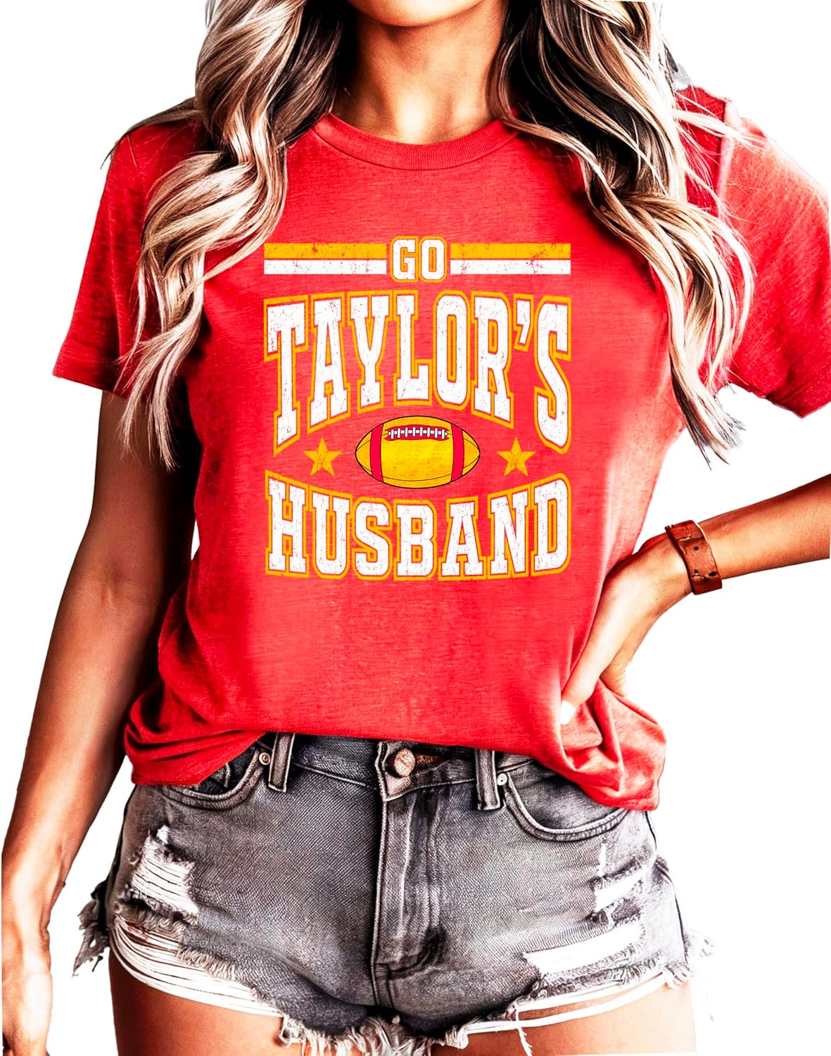 Vintage red Go Taylor's Husband graphic tee for women, bold front print, game day football shirt by Olive Loves Apple