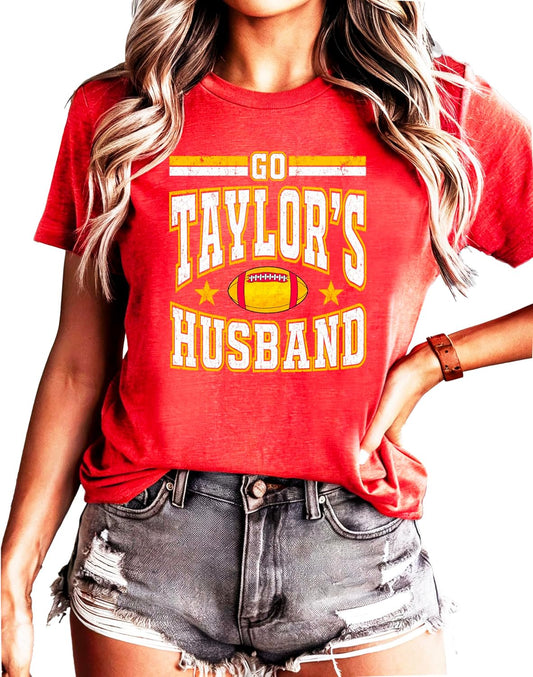 Vintage red Go Taylor's Husband graphic tee for women, bold front print, game day football shirt by Olive Loves Apple