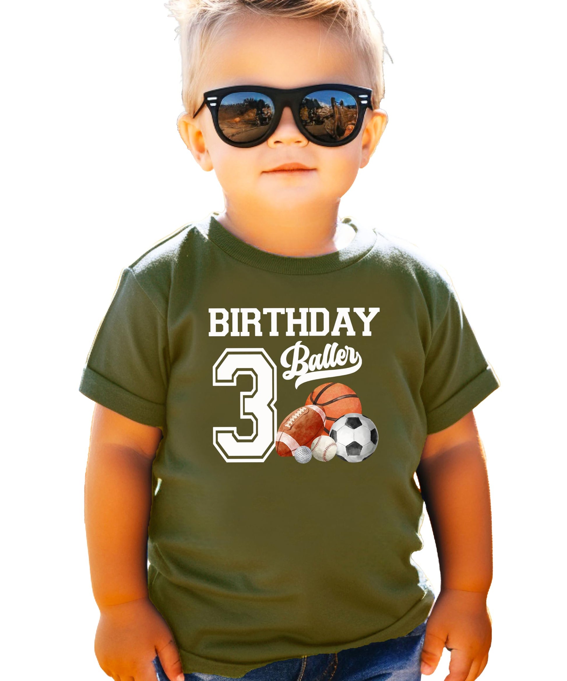 Flat lay of black toddler birthday shirt with bold sports-themed number 3 design