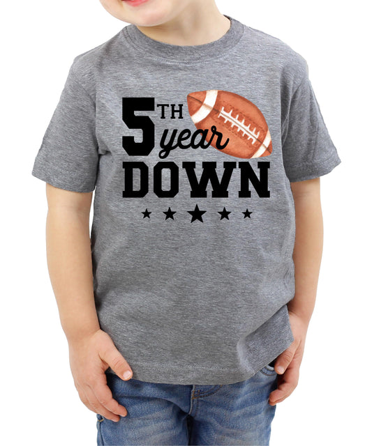 5th Year Down Football Shirt for 5 Year Old Sports Theme Fifth Birthday Party Tee