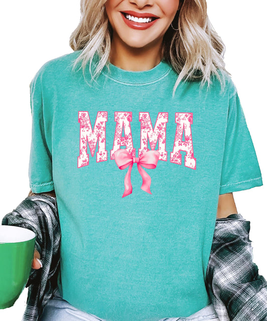 Trendy Floral Mama Shirt for Women Pink Bow Graphic Tee