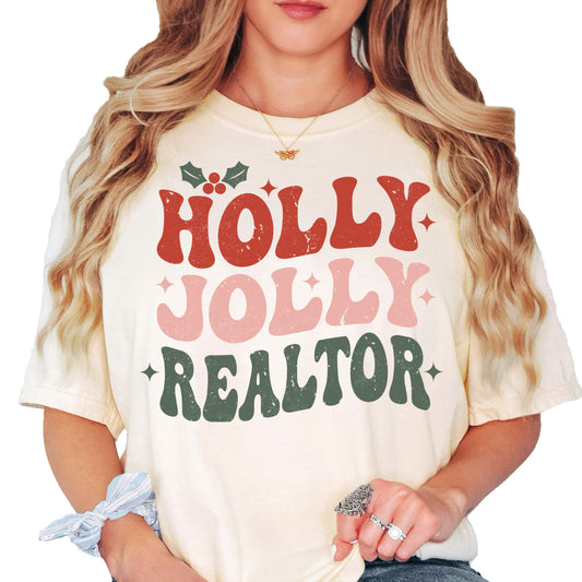 Holly Jolly Realtor Christmas graphic tee in natural color with festive real estate holiday design