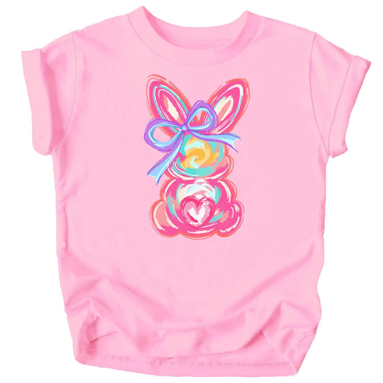 Girls colorful painted Easter bunny and bow graphic tee in purple, spring coquette style