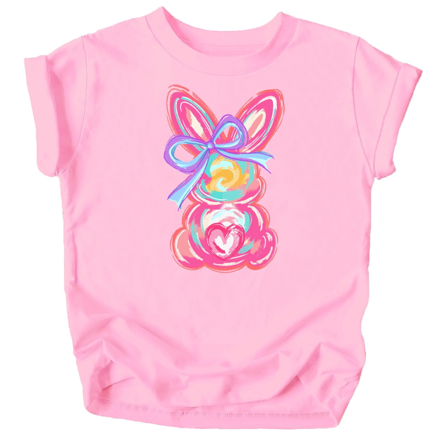 Girls colorful painted Easter bunny and bow graphic tee in purple, spring coquette style