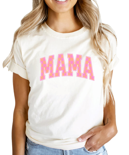 Trendy Checkered Mama Shirt for Women Cute Orange and Pink Mom Tee Natural Shirt Adult X-Large