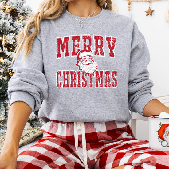 Vintage-style Merry Christmas Santa sweatshirt showing complete festive design layout