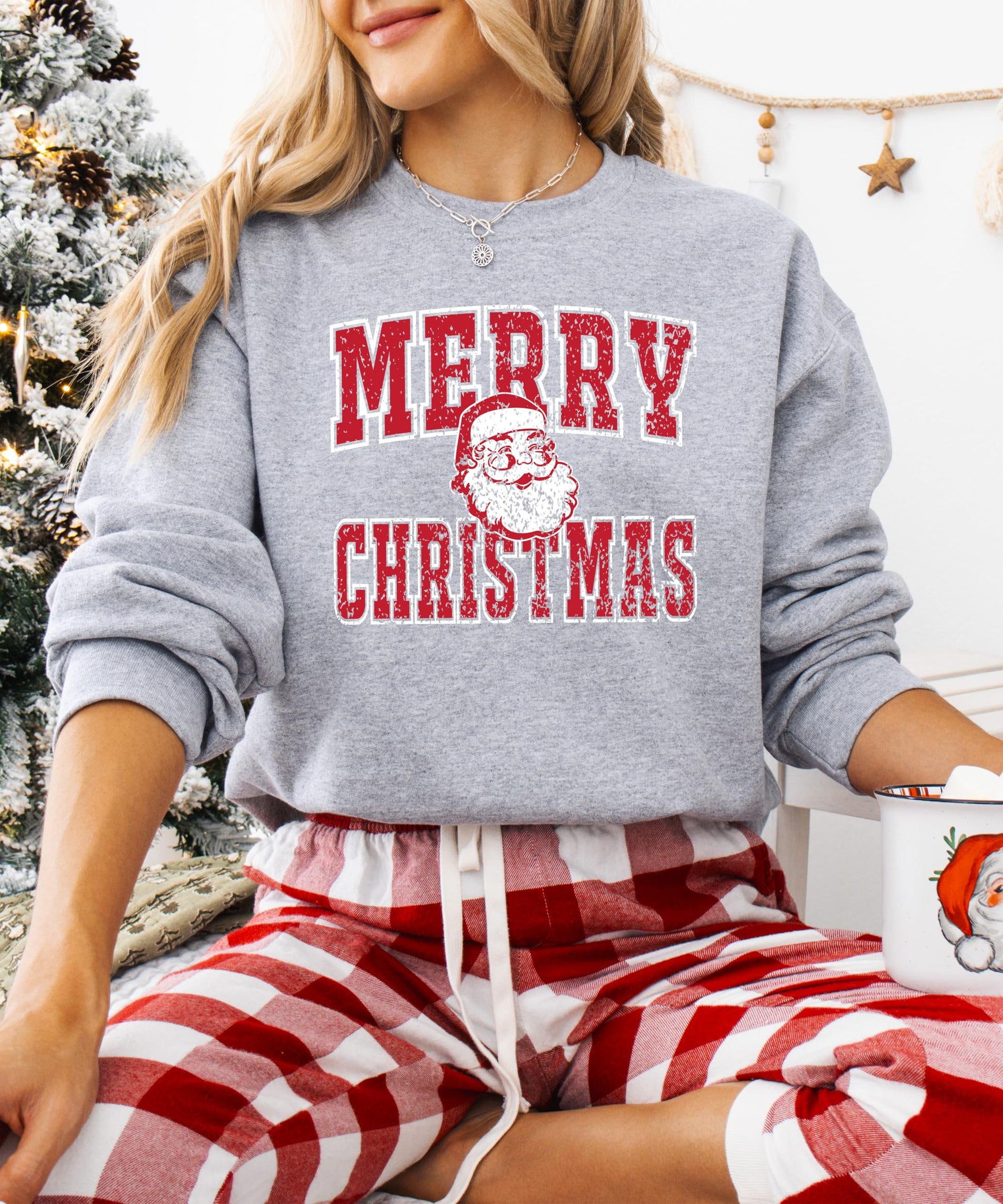 Vintage-style Merry Christmas Santa sweatshirt showing complete festive design layout