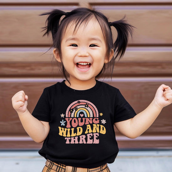 Young Wild Three birthday shirt styled for toddler birthday party outfit