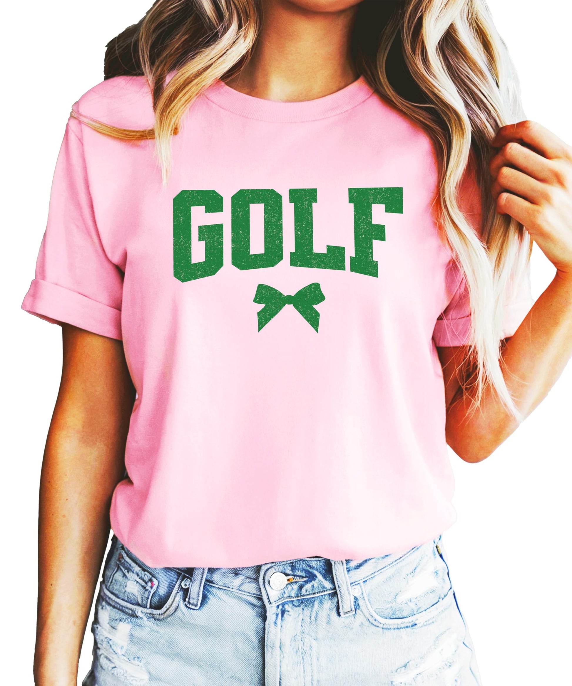 Close-up of distressed bow golf graphic on women's relaxed fit tee