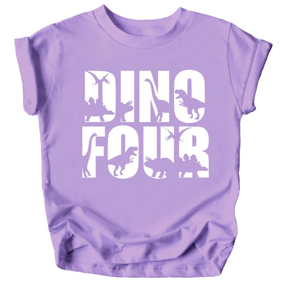 Close-up of Dino Four dinosaur birthday graphic on military green toddler tee