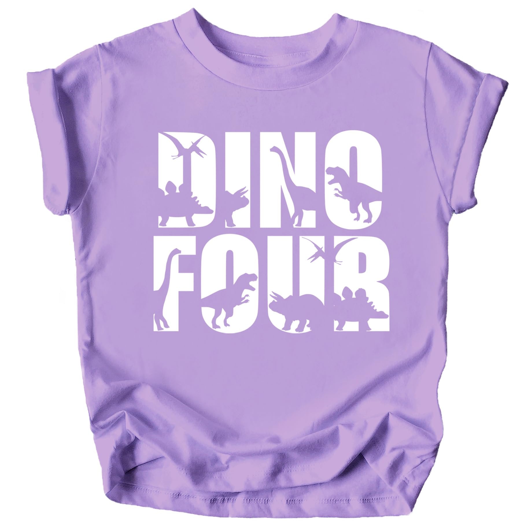 Close-up of Dino Four dinosaur birthday graphic on military green toddler tee