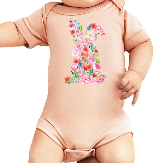 Baby girl easter bodysuit with soft pink bow and pastel floral bunny graphic detail