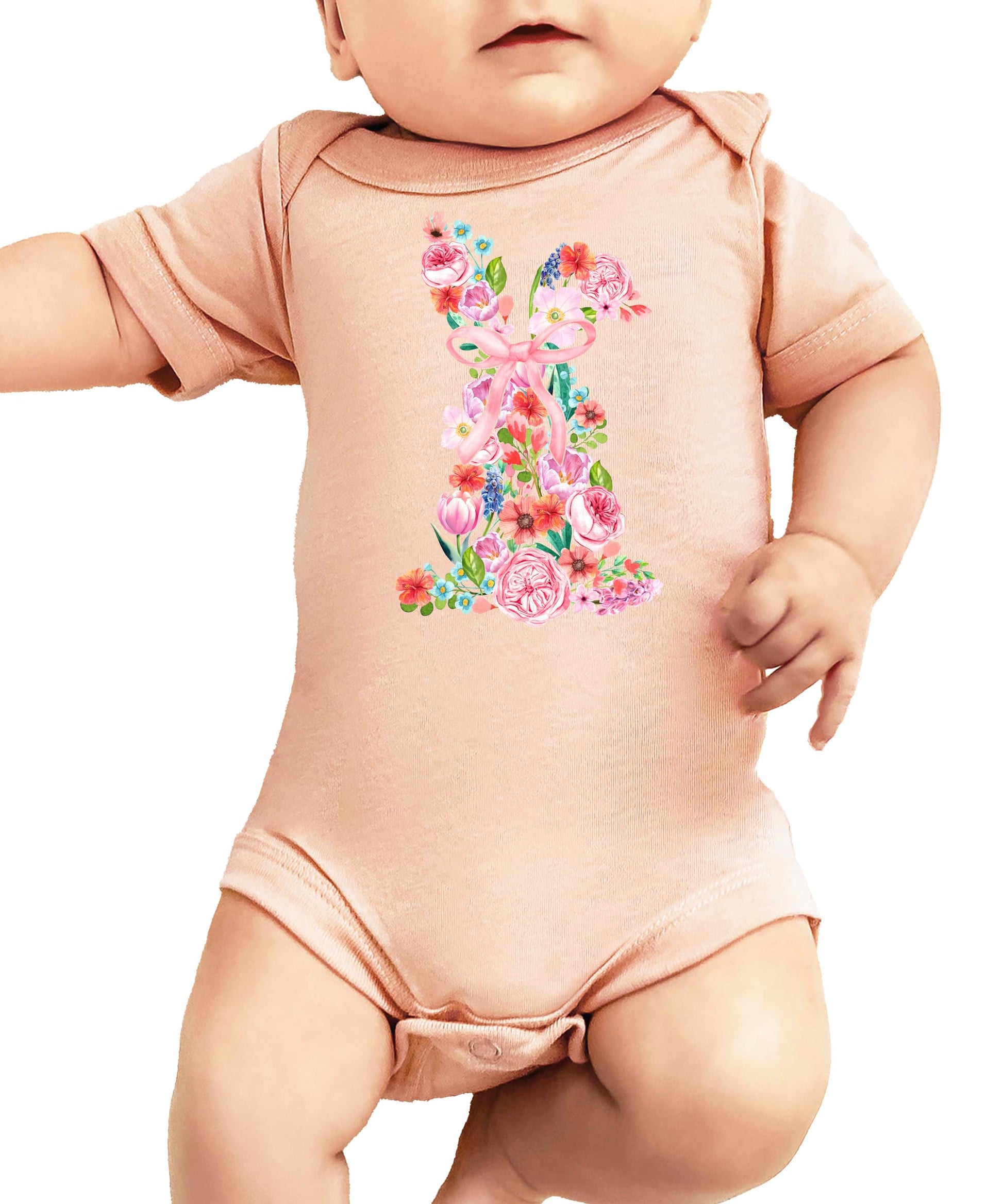Baby girl easter bodysuit with soft pink bow and pastel floral bunny graphic detail
