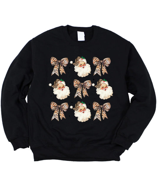 Santa with Leopard Print Hats and Coquette Bows Sweatshirts Christmas Pullover
