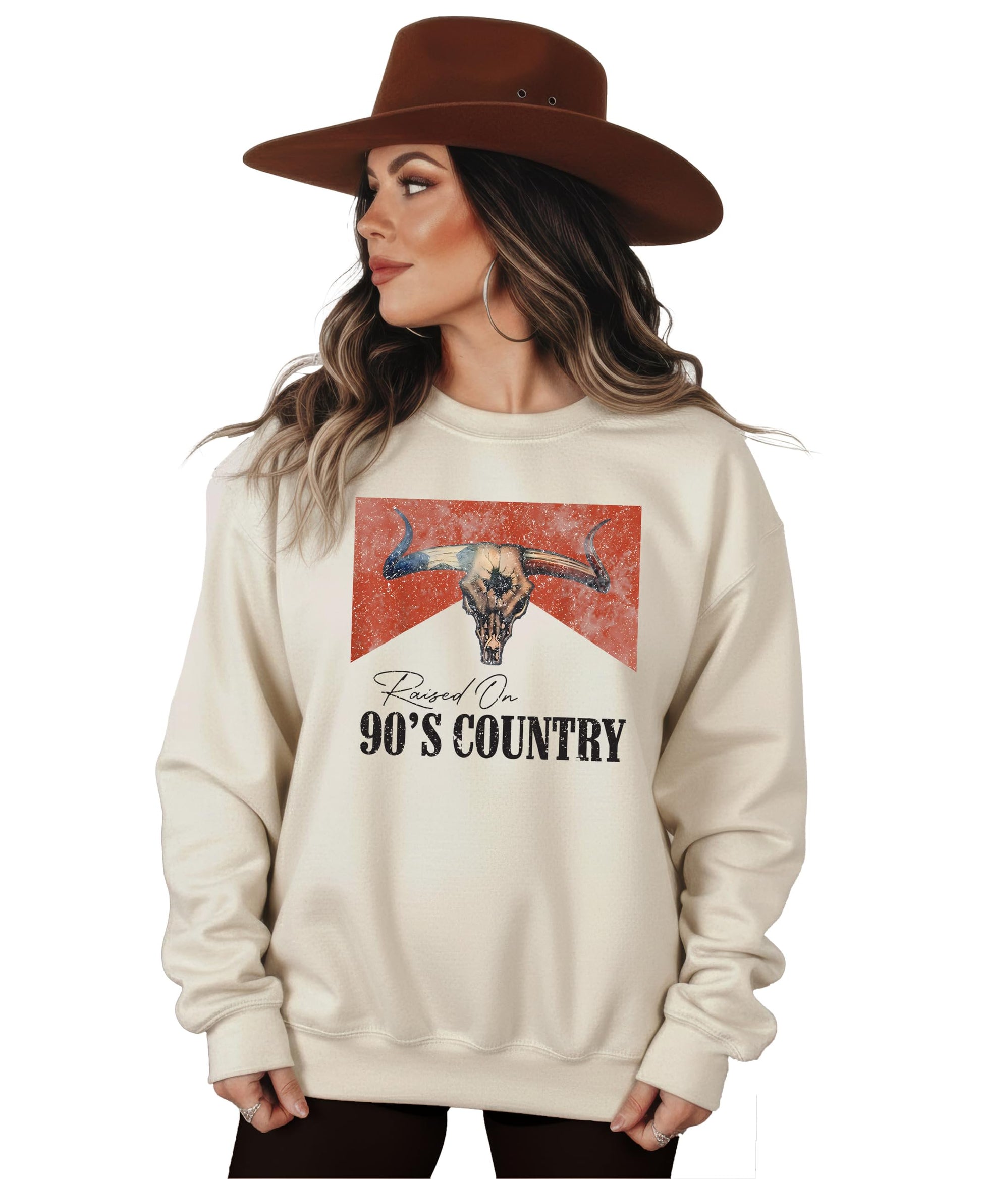 Flat lay of white 90s country music sweatshirt showing complete design details