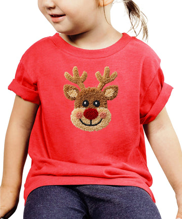 Ink Printed Image NOT a Yarn Patch - Trendy Reindeer Christmas Shirt for Kids and Adults Holiday Tee