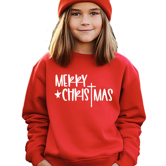 Side or back view of red Merry Christmas cross holiday pullover sweatshirt
