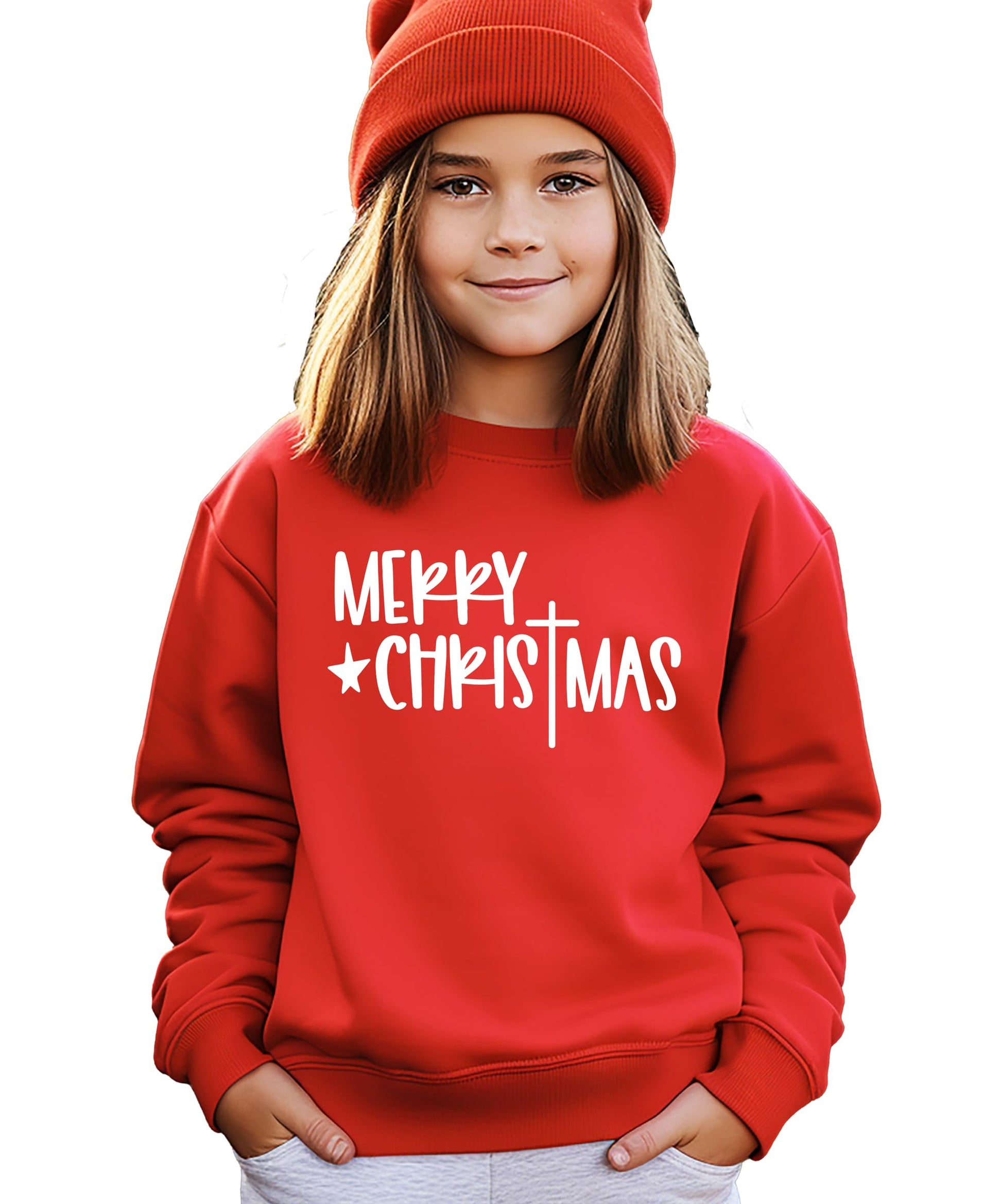 Side or back view of red Merry Christmas cross holiday pullover sweatshirt
