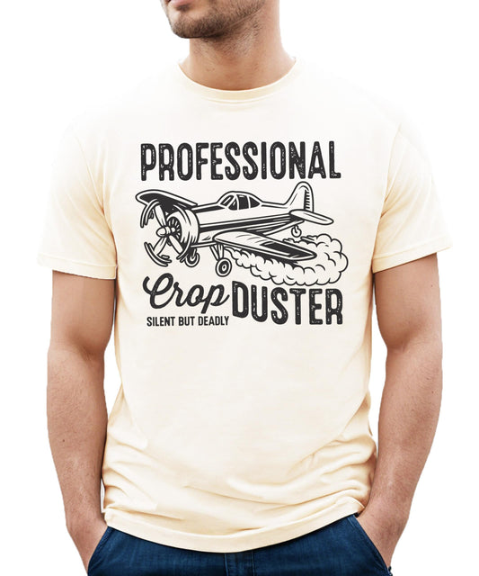 Close-up view of crop duster airplane design with Silent But Deadly text on men's graphic tee