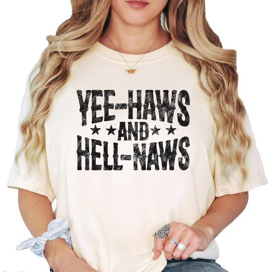 Woman wearing ivory Yee-Haws and Hell-Naws western graphic t-shirt front view