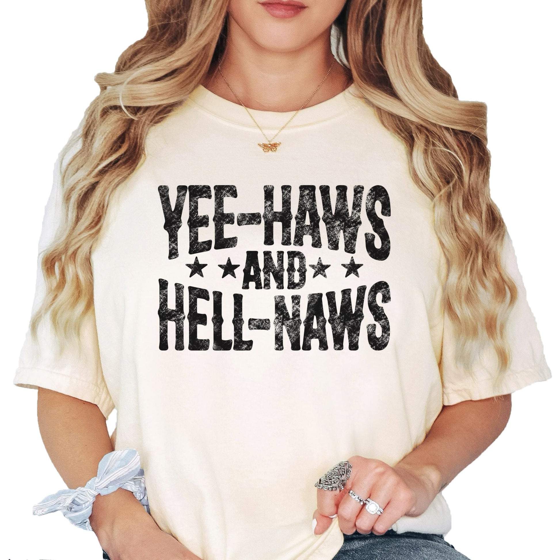 Woman wearing ivory Yee-Haws and Hell-Naws western graphic t-shirt front view