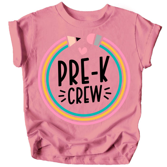 Close-up of Pre-K Crew text and pencil graphic on purple toddler t-shirt