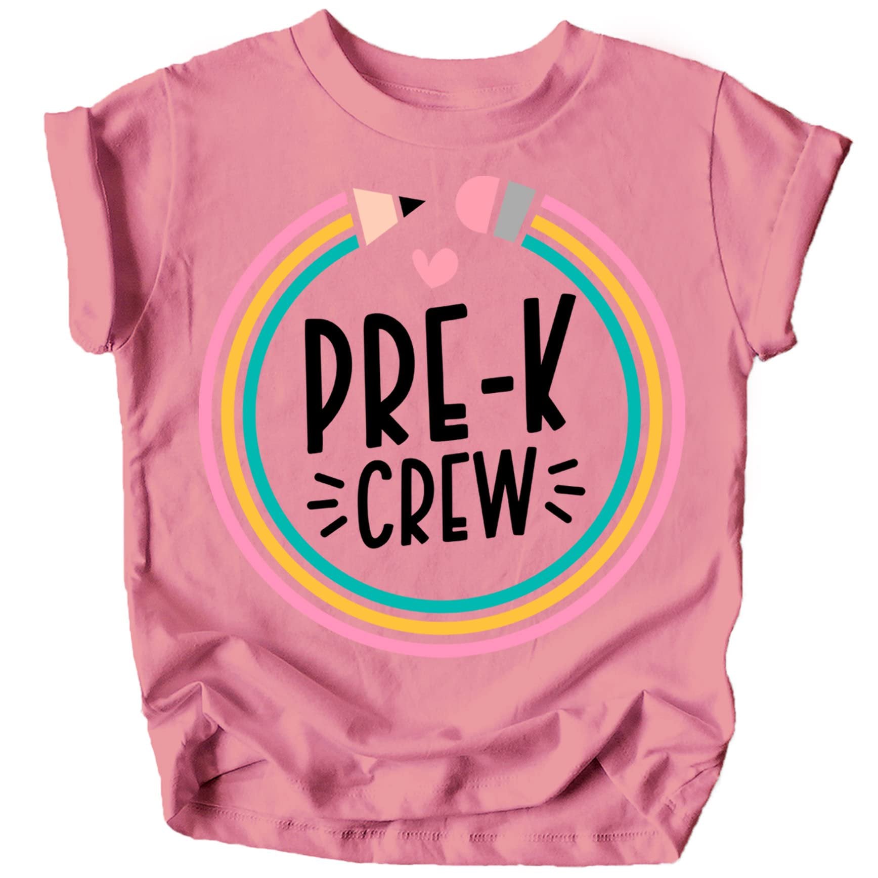 Close-up of Pre-K Crew text and pencil graphic on purple toddler t-shirt