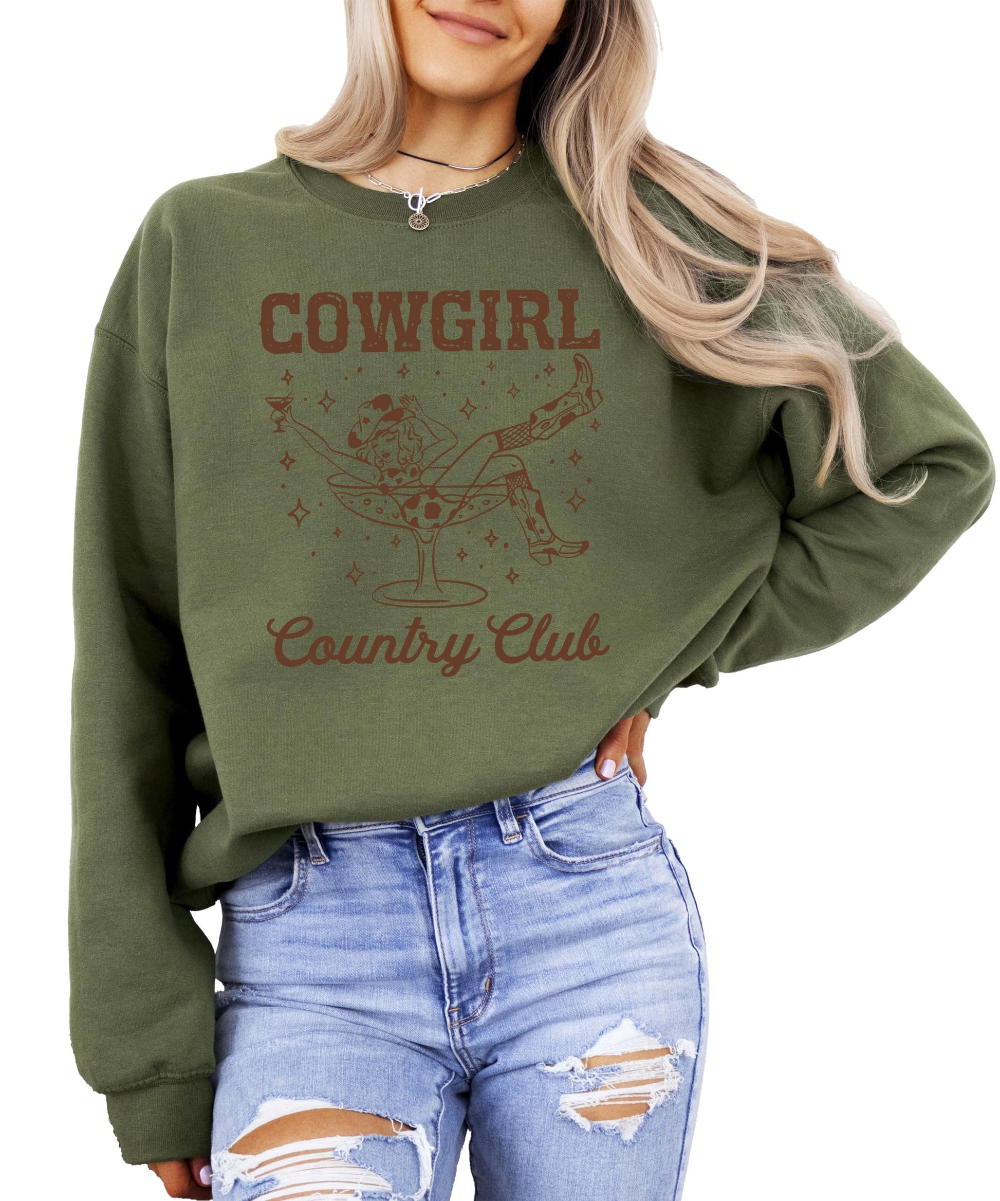 Model wearing Olive Loves Apple Cowgirl Country Club pullover sweatshirt in army green